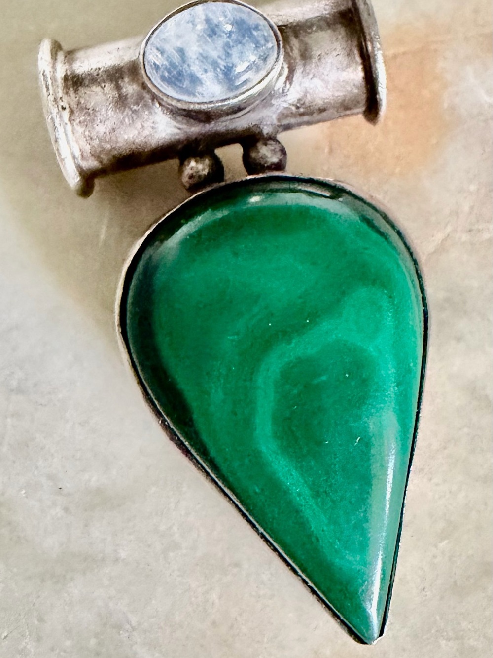Malachite Teardrop Pendant with Opalite Stone Sterling Silver 13.16g